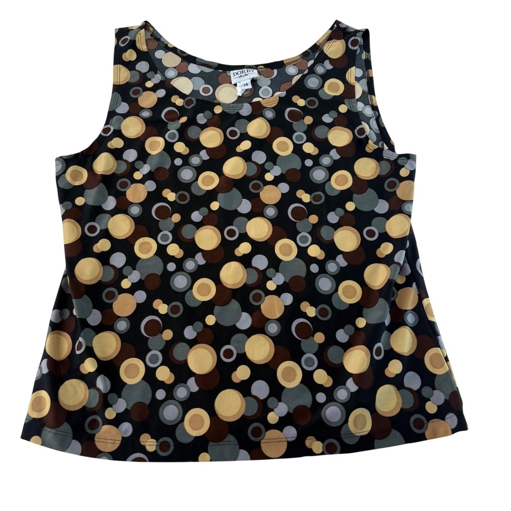 Dorby Womens Sleeveless Polka Dot Bubble Print Tank Top Black Tan Brown Size 14